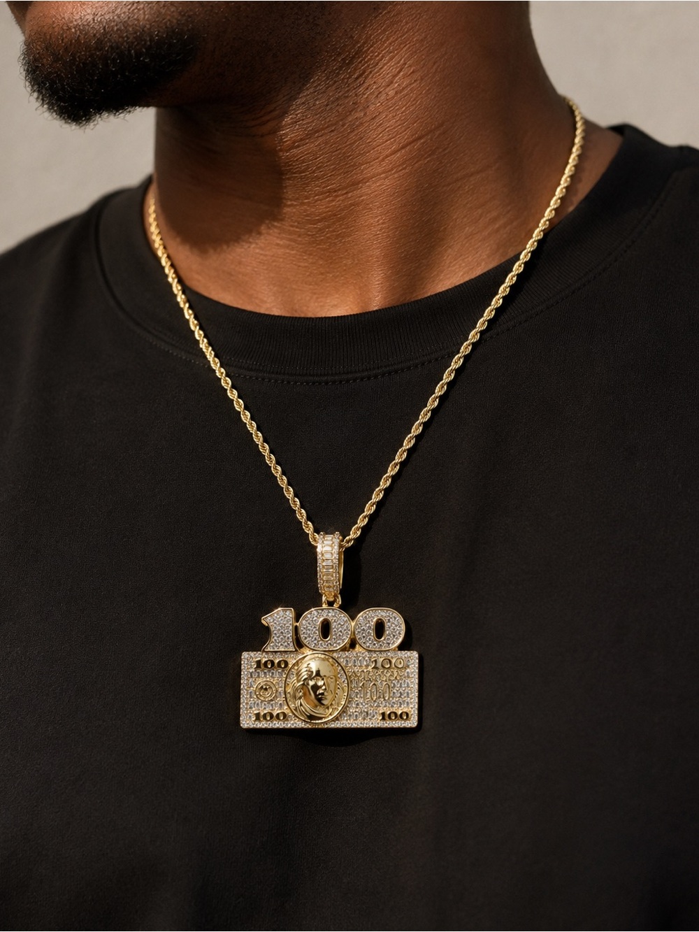 14K Gold Filled 100 Dollar Bill AAAAA CZ Pendant Necklace - Men’s. Stamped.